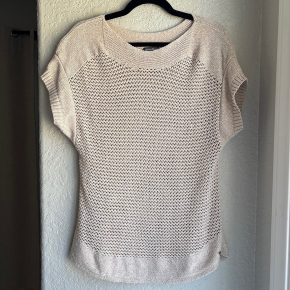 Eddie Bauer Sweaters - Eddie Bauer Linen Cotton Women L Sweater Beige Short Sleeve Boho Knit Granola